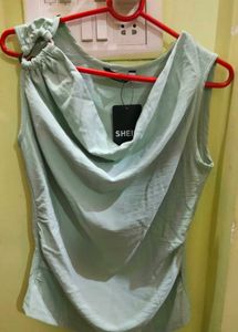 Cute Cowl Neck Sleeveless Ruched Metallic top