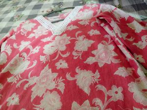 Pink Floral Short Kurta Lace Neckline (S size