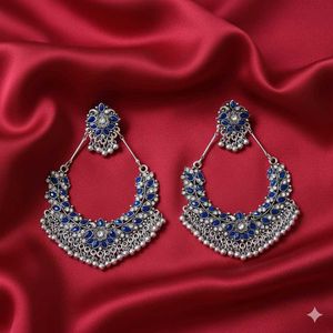 Exquisite Oxidized Silver Blue Stone Jhumka Earrin