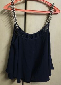 Navy Blue Embellished Strap Tank Top