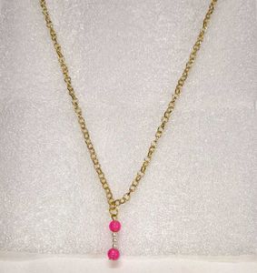 Gold Chain Necklace with Pink Beads &amp; Earrings