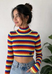 Rainbow Striped Cropped Turtleneck Sweater.