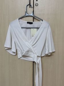 White Ribbed Wrap Crop Top