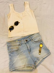 Cream Tank Top & Denim Shorts