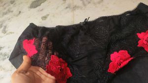 Black Lace Briefs with Red Floral Applique