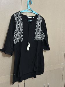 Black Embroidered Tassel Blouse