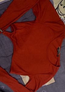 Red Ribbed Long Sleeve Crop Top