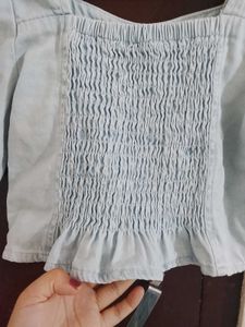 denimLight Blue Square Neck Puff Sleeve Top