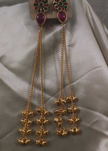 Traditional Pink Stone Long Drop Kashmiri Earrings