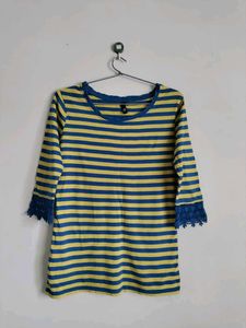 Striped 3/4 Sleeve Tshirt with Lace Detail