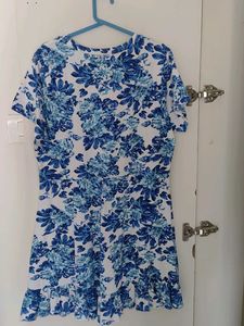 Blue Floral Print Ruffle Dress