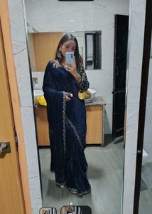 Navy blue Velvet Saree with blouse