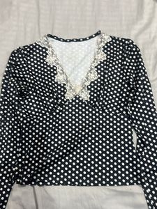 Black &amp; White Polka Dot Lace Trim Top
