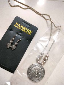 Boho Silver-Tone Pendant Necklace &amp; Earrings Set