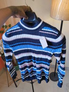 New Korean Striped Knit Mock Neck Top