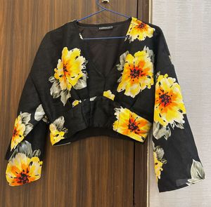 Chic Black Floral Print Blouse (Size : M)