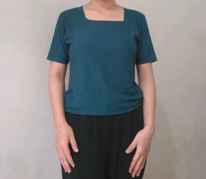 Teal Ribbed Short Sleeve Top