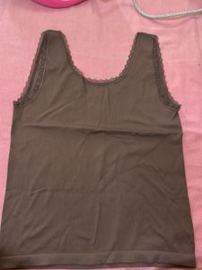 Brown Ribbed Tank Top with Lace Trim