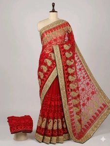 Stunning Red Embroidered Saree without blouse