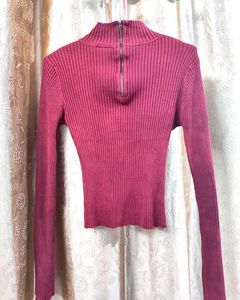 Maroon Ribbed Knit Polo Top