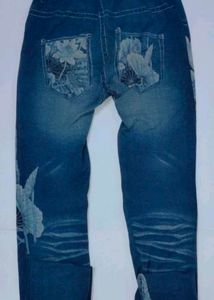 Floral Print Blue Denim Printed Pants