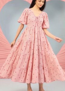 Cute Pink Heart Print Tiered Midi Dress