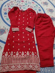 Red Kurta Set with Embellishments