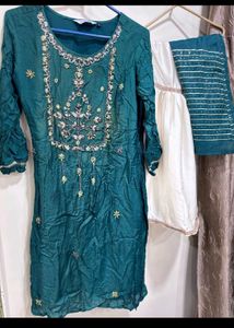 Embroidered Teal Kurti with Dupatta