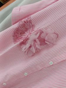 Pink Striped Shirt Dress with Butterfly Applique