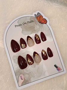 Hand Made Press On Nails - Burgundy & Gold Accent