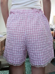 Pink Gingham Pajama Shorts with Lace Trim