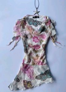 Sheer Butterfly & Floral Print Top