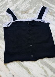 Black Ribbed Tank Top with Lace Trim