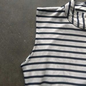 Striped High-Low Dress with Pom-Pom Trim