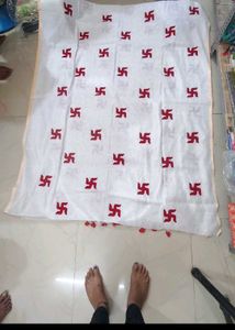 White saree with Red Swastik Print