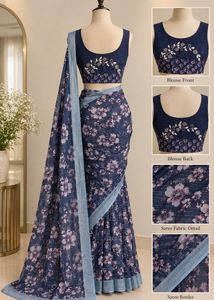 Navy collar floral Print Saree Blouse & Fabric
