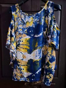 Abstract Watercolor Cold-Shoulder Pleated Top