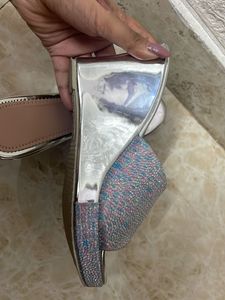 Sparkly Silver Wedge Slides