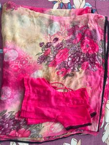 Beautiful Floral Chiffon Saree wth black lace bord