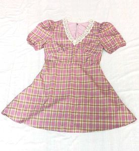 Pink Plaid Lace Trim Dress