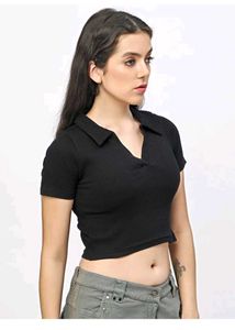 Black Ribbed Polo Crop Top