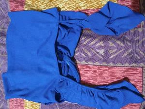 Blue Ribbed Twist Front Crop Top