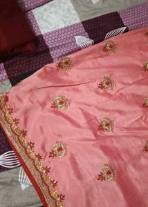 New Pink Embroidered Silk Saree with Blouse Piece
