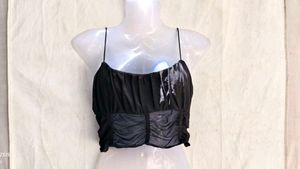 23286. Black Mesh Ruched Crop Top