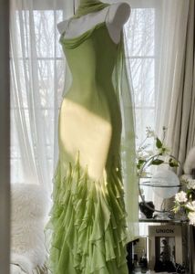 Stunning Lime Green Ruffled Gown