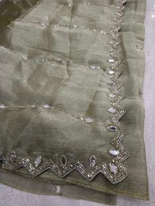Elegant Olive Green Mirror Work Saree
