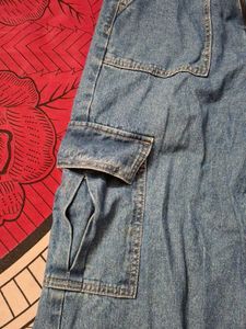 Blue Denim Wide-Leg Cargo Jeans