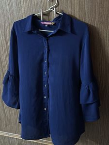 Blue Ruffle Sleeve Blouse