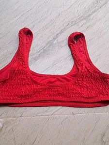 Red Smocked Bikini Set with Lace Detail