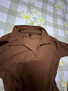 Brown Collared Long Sleeve Top